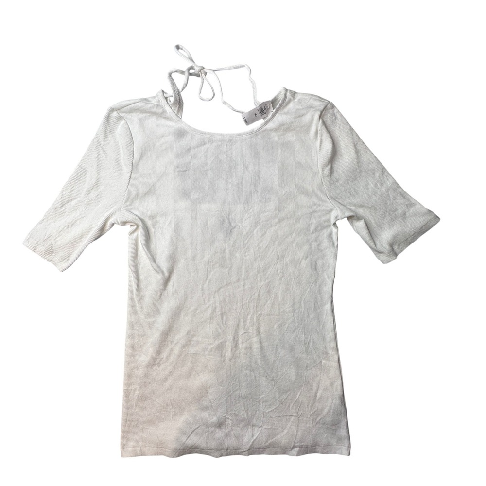 Gap Top Womens L Tall Off White Ribbed Open Tie Back Elbow Sleeve 484463-04